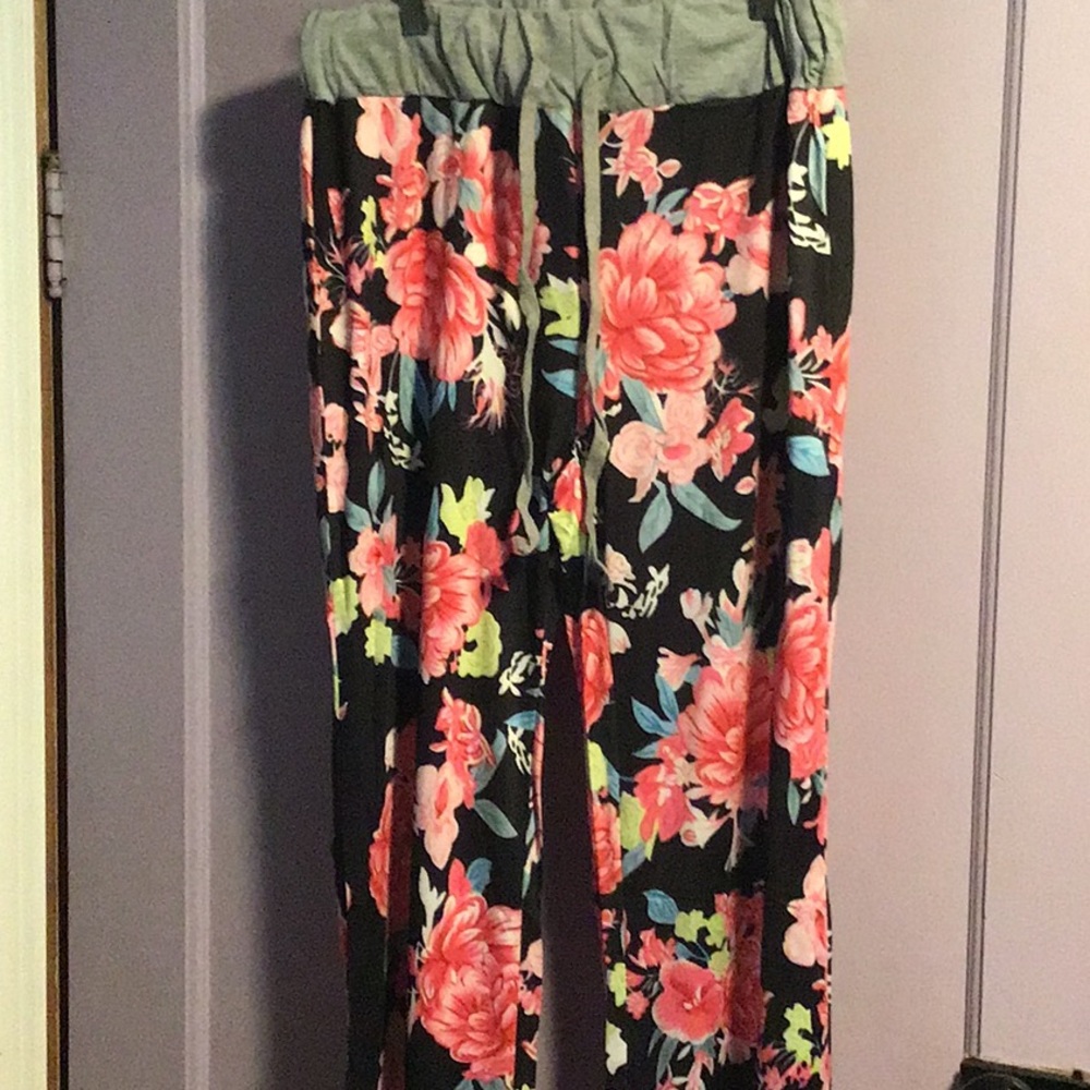 Pink Black Floral Wide Leg Silky Pants